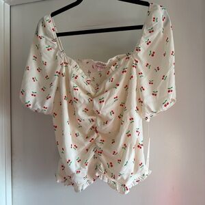 Cream Cherry Print Ruched Crop Top